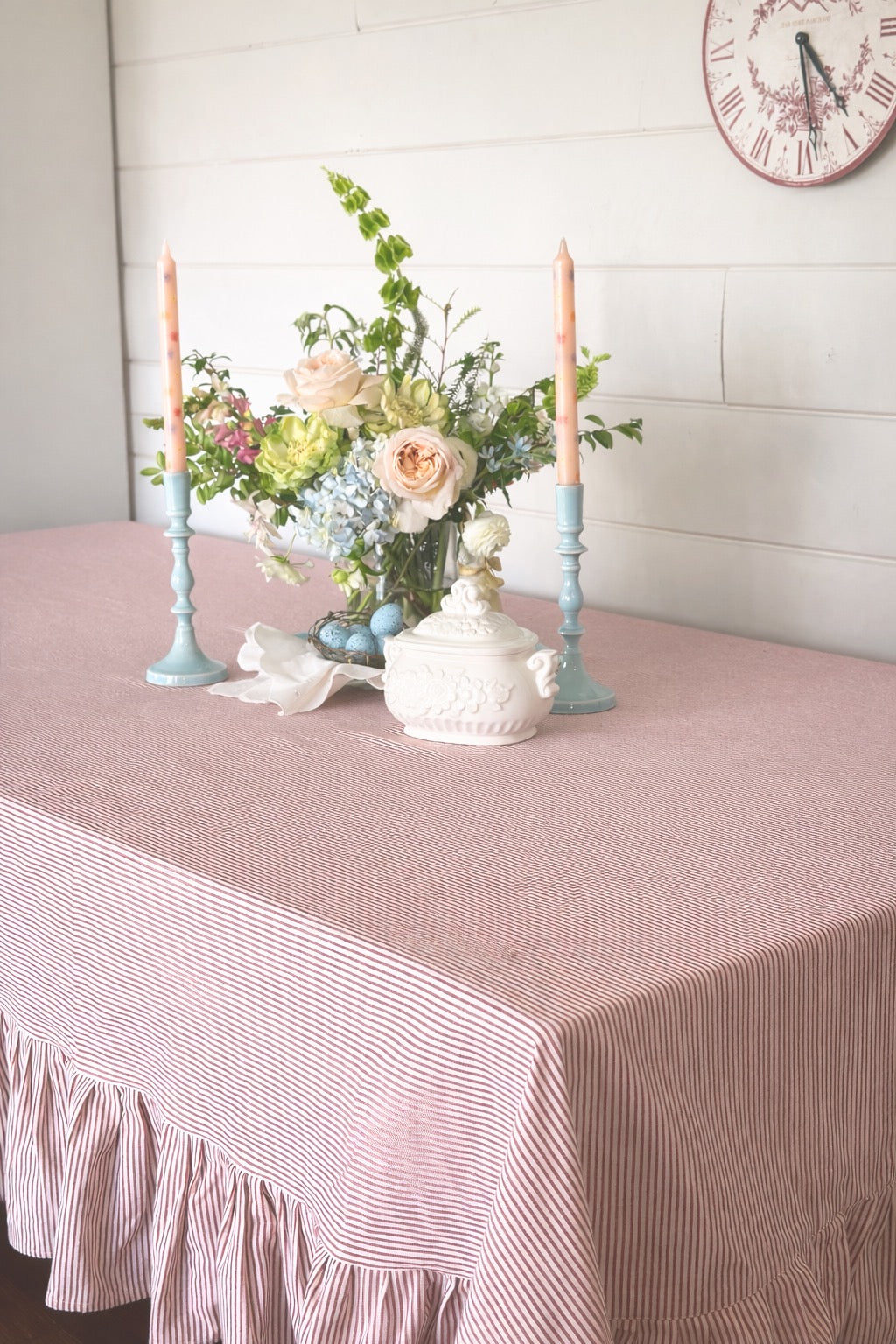 Heritage Ticking Ruffled Tablecloth