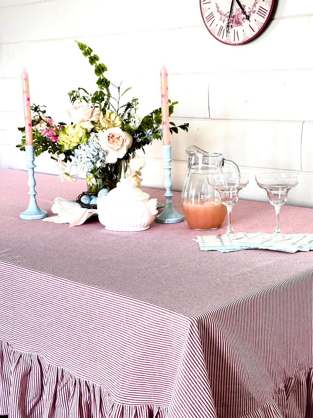 Heritage Ticking Ruffled Tablecloth